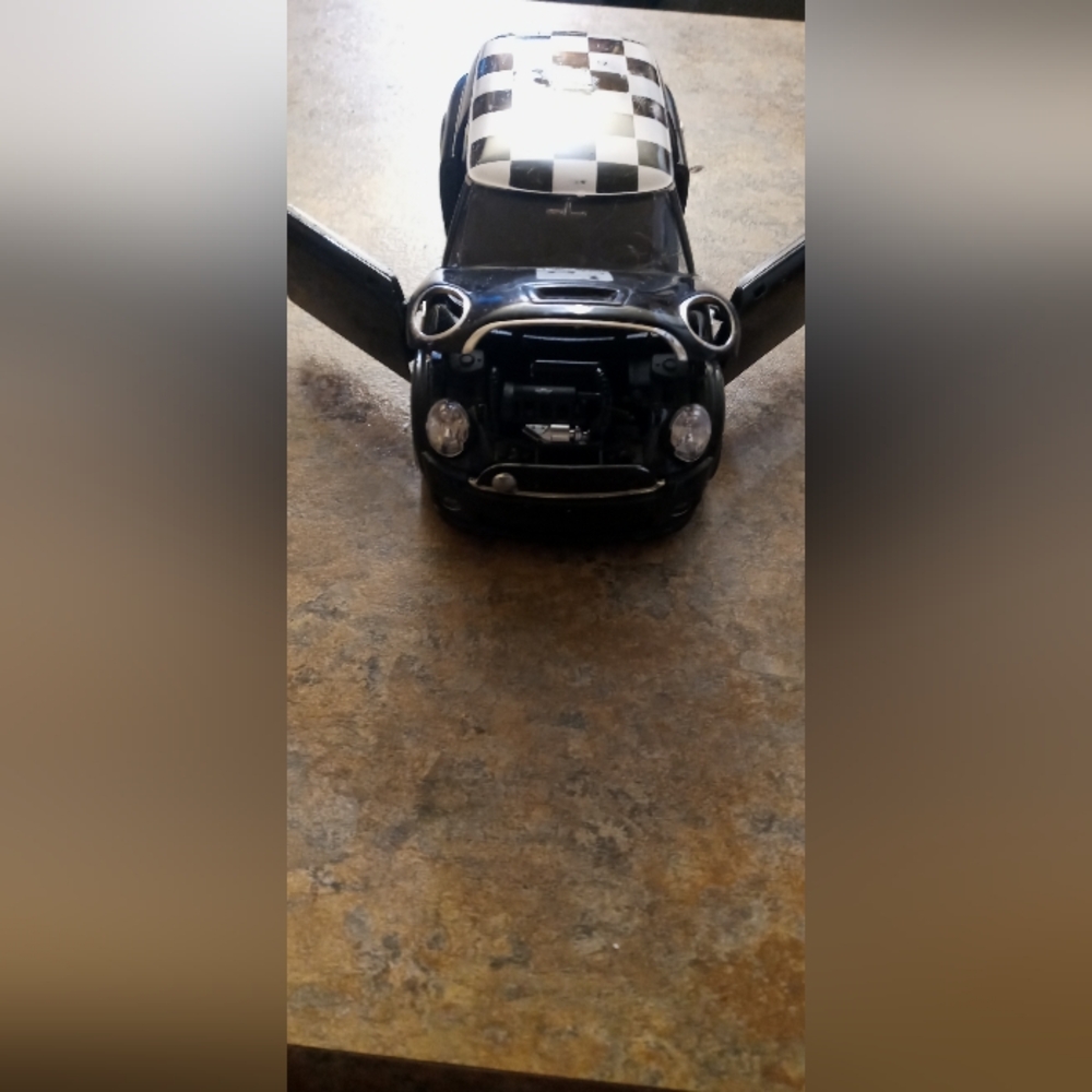 Black Mini Cooper Style Car Model with Checkered Roof - Automotive Decor 1/24 - Picture 10 of 10